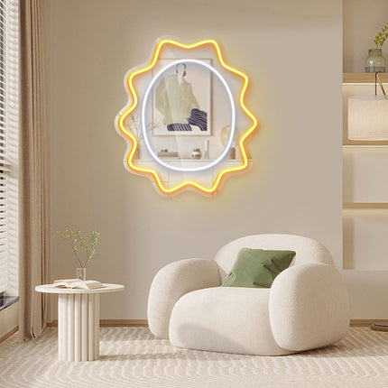 Golden Yellow Mirror Scalloped Wavy Oval Neon Sign