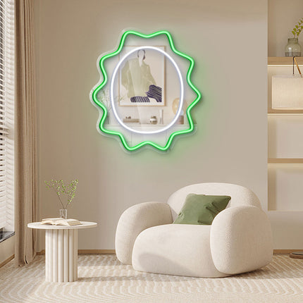 Green Mirror Scalloped Wavy Oval Neon Sign