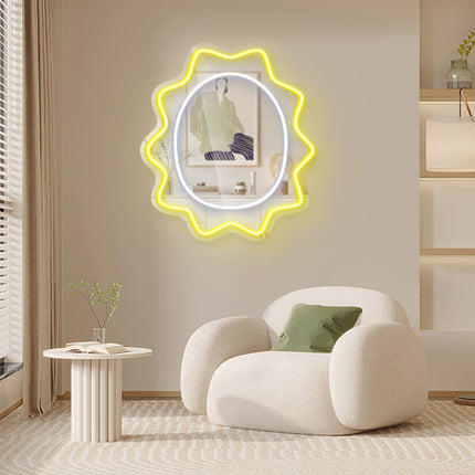 Lemon Yellow Mirror Scalloped Wavy Oval Neon Sign