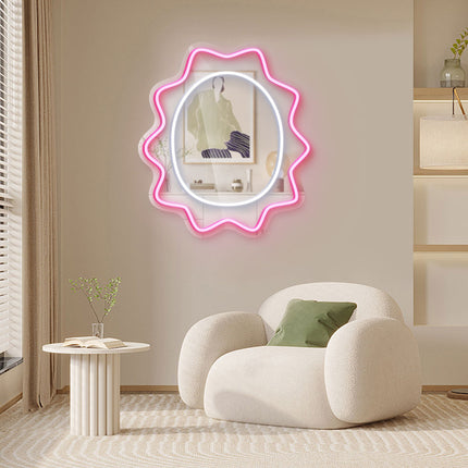 Light Pink Mirror Scalloped Wavy Oval Neon Sign