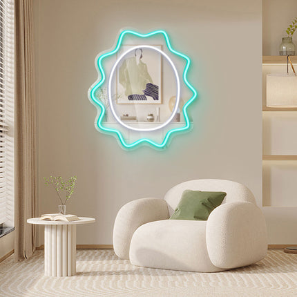 Mint Green Mirror Scalloped Wavy Oval Neon Sign