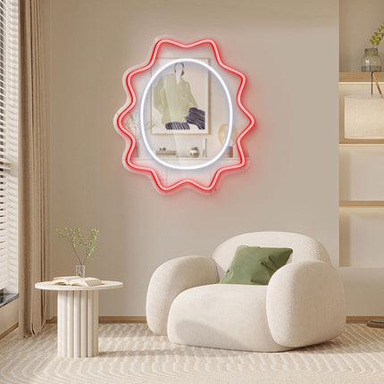 Red Mirror Scalloped Wavy Oval Neon Sign