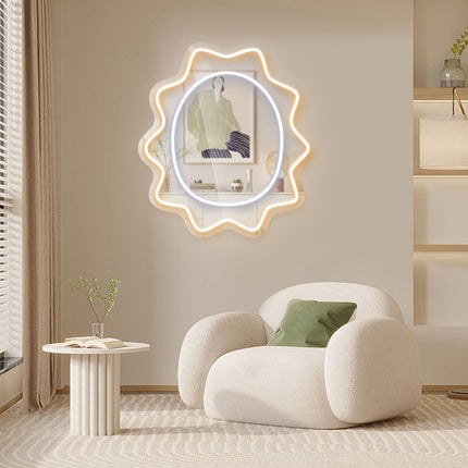 Warm White Mirror Scalloped Wavy Oval Neon Sign