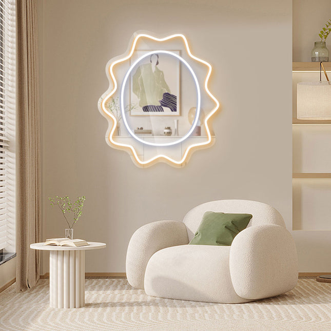 Warm White Mirror Scalloped Wavy Oval Neon Sign