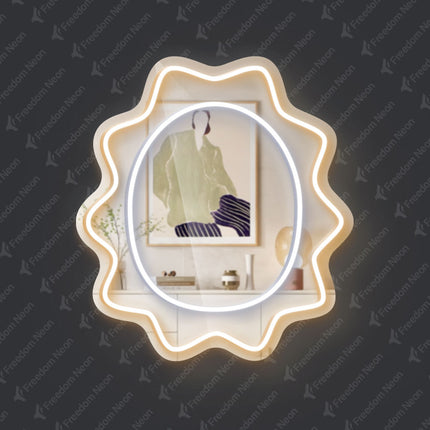 Warm White Mirror Scalloped Wavy Oval Neon Sign