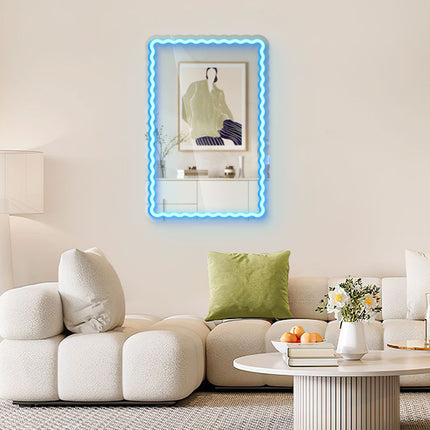 Ice Blue Mirror Scalloped Wavy Rectangular Neon Sign