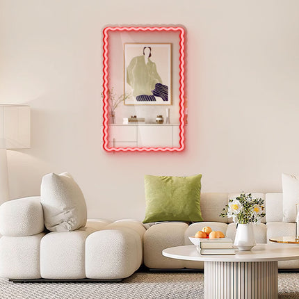 Red Mirror Scalloped Wavy Rectangular Neon Sign	