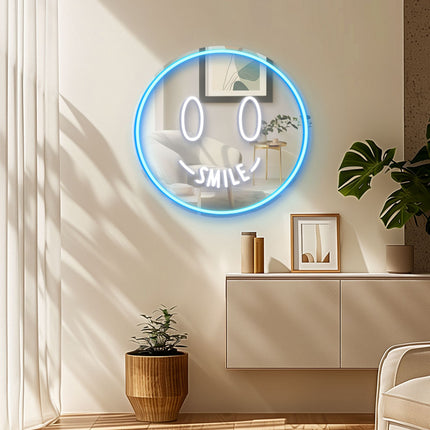 Ice Blue Mirror Smiley Face Neon Sign