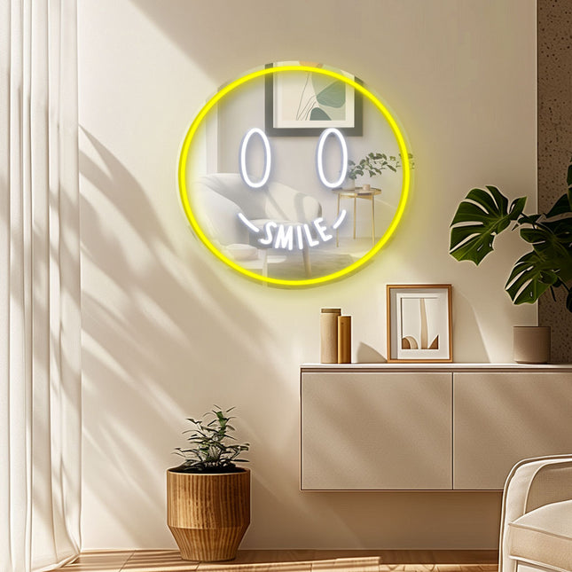 Lemon Yellow Mirror Smiley Face Neon Sign