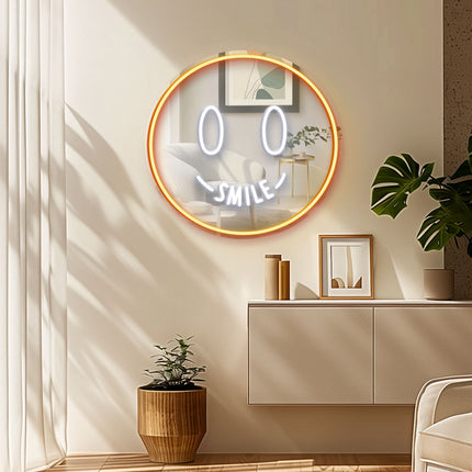 Orange Mirror Smiley Face Neon Sign