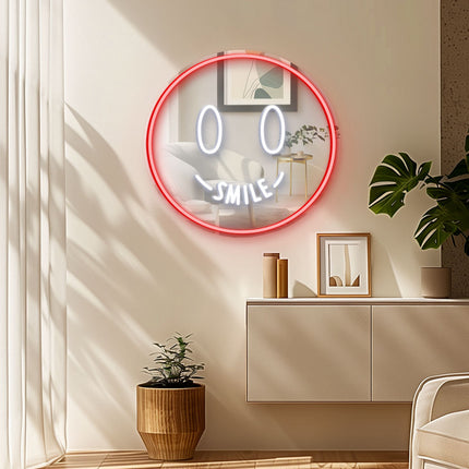 Red Mirror Smiley Face Neon Sign