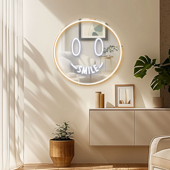Warm White Mirror Smiley Face Neon Sign