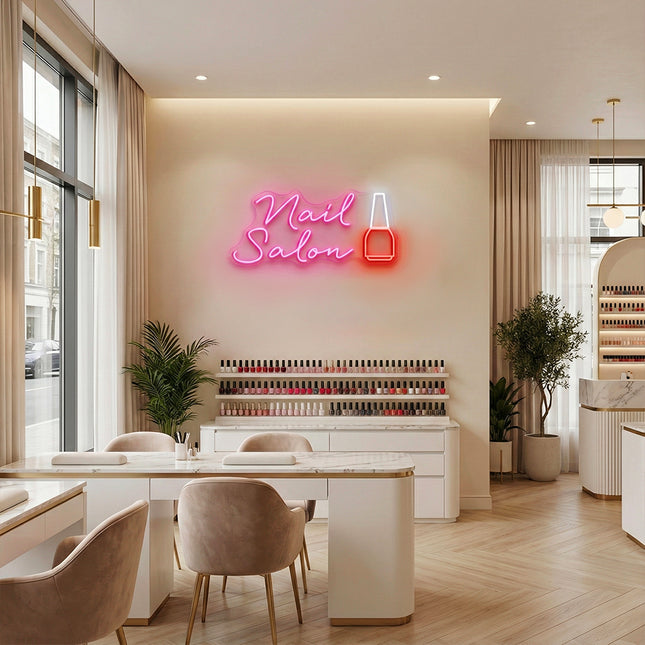 Light Pink Nail Salon Neon Sign with Polish Bottle