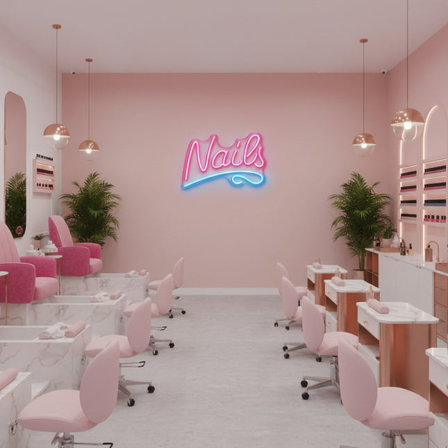 Light Pink Nails with Underline Neon Sign