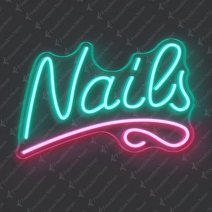 Mint Green Nails with Underline Neon Sign