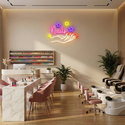 Light Pink Nails with Hand Neon Sign