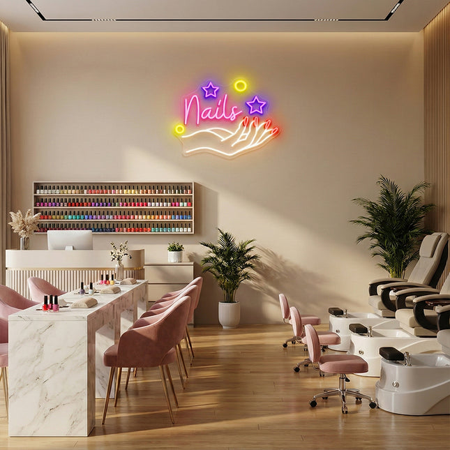 Light Pink Nails with Hand Neon Sign