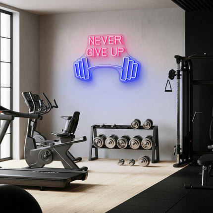 Light Pink Never Give Up Dumbbell Neon Sign