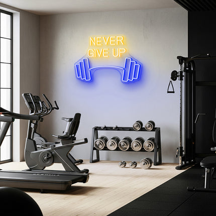 Warm White Never Give Up Dumbbell Neon Sign