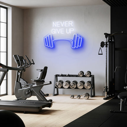 White Never Give Up Dumbbell Neon Sign