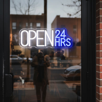 Blue "Open 24hrs" Neon Sign
