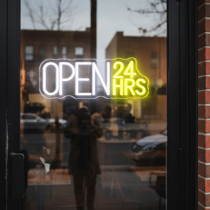 Lemon Yellow "Open 24hrs" Neon Sign