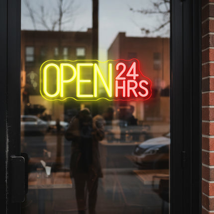 Yellow and Red "Open 24hrs" Neon Sign