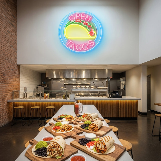 Light Pink Open Tacos Neon Sign