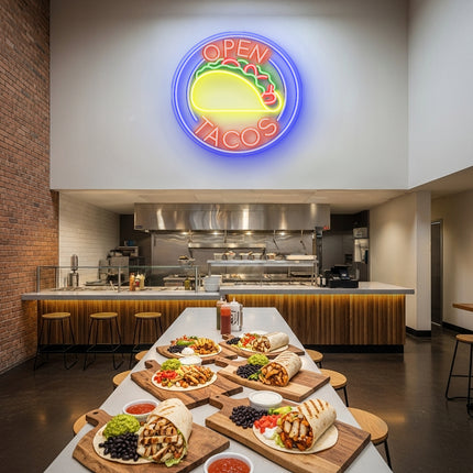 Orange Open Tacos Neon Sign