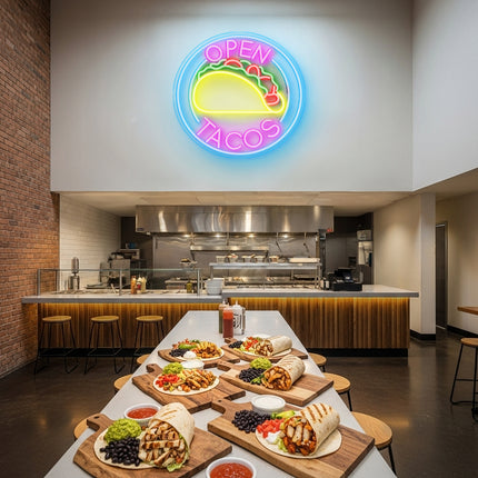 Pink Open Tacos Neon Sign