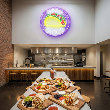 White Open Tacos Neon Sign
