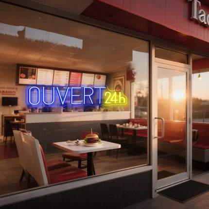 Blue Ouvert 24H Neon Sign