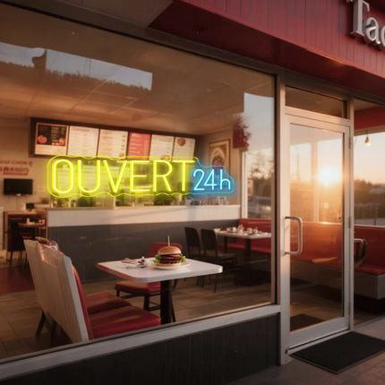 Lemon Yellow Ouvert 24H Neon Sign