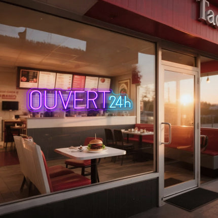 Purple Ouvert 24H Neon Sign