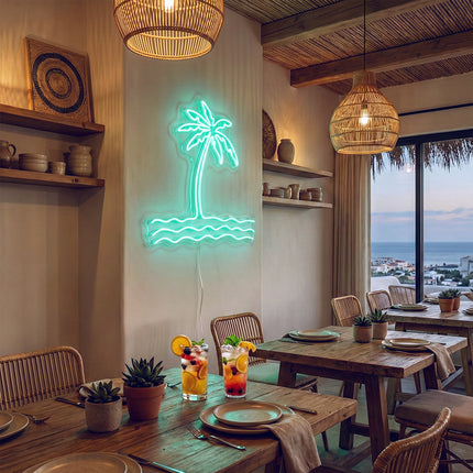 Mint Green Palm Tree & Waves Neon Sign