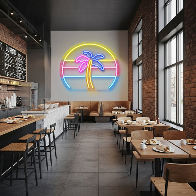 Blue Palm Tree with Sunset Neon Sign