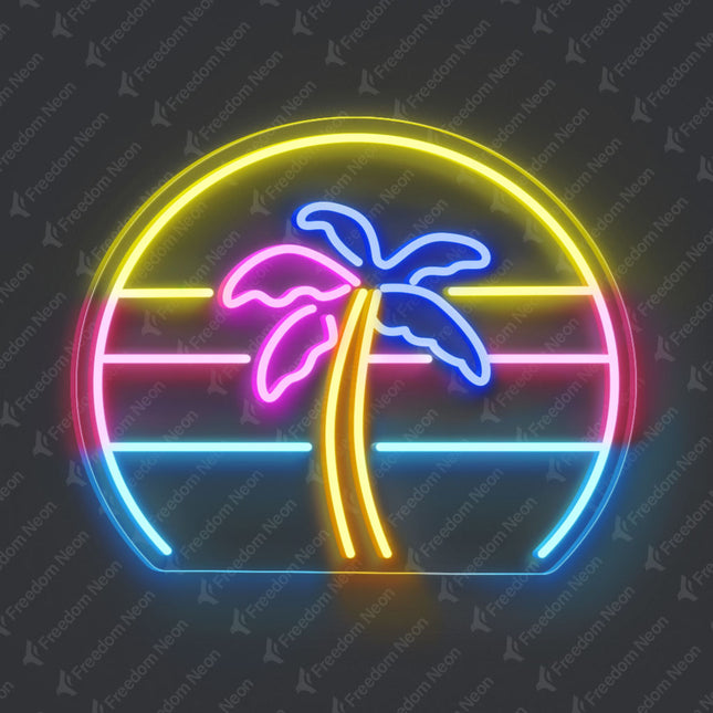 Blue Palm Tree with Sunset Neon Sign