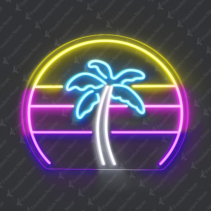 Ice Blue Palm Tree with Sunset Neon Sign