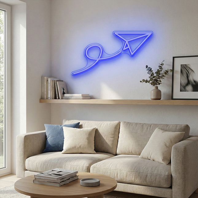 Blue Paper Airplane Neon Sign