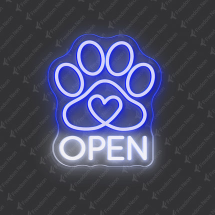 Blue Paw Print Heart & Open Neon Sign