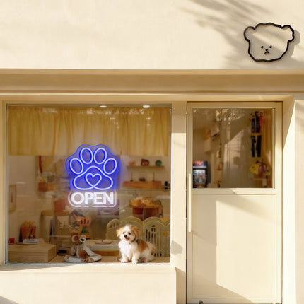 Blue Paw Print Heart & Open Neon Sign