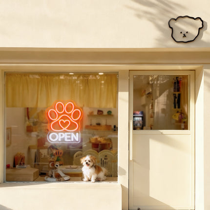 Golden Yellow Paw Print Heart & Open Neon Sign