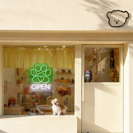Green Paw Print Heart & Open Neon Sign