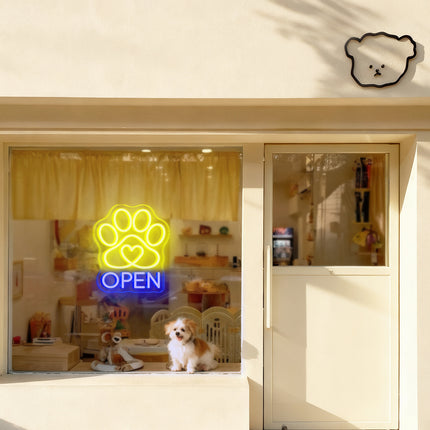 Lemon Yellow Paw Print Heart & Open Neon Sign