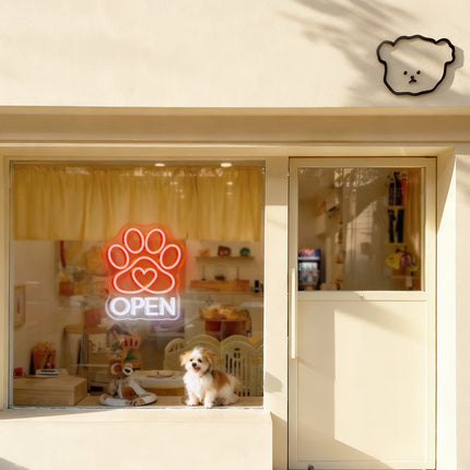 Orange Paw Print Heart & Open Neon Sign