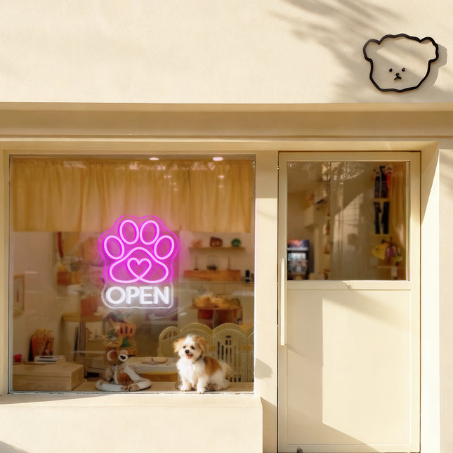 Pink Paw Print Heart & Open Neon Sign