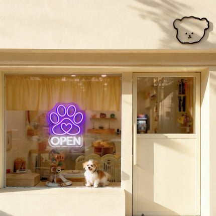 Purple Paw Print Heart & Open Neon Sign