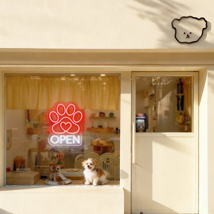 Red Paw Print Heart & Open Neon Sign