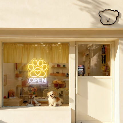 Warm White Paw Print Heart & Open Neon Sign
