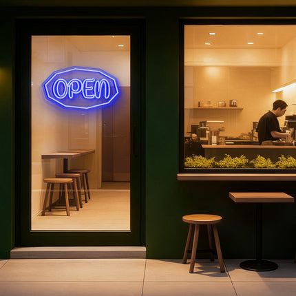 Blue Polygonal Outline "OPEN" Neon Sign